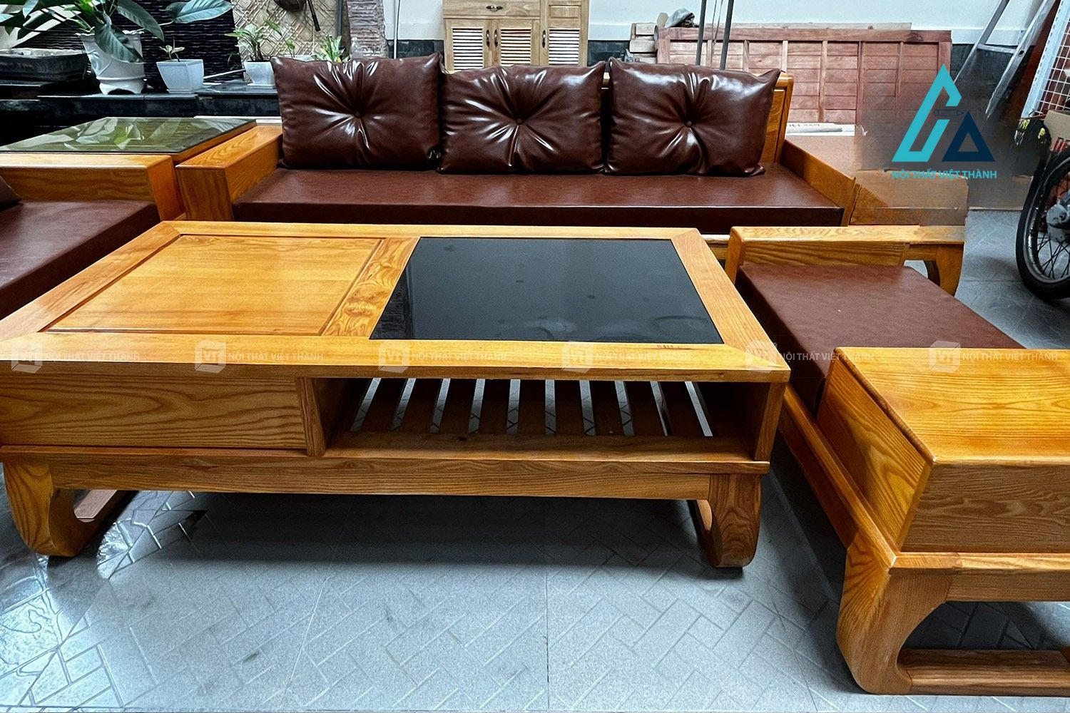 Sofa gỗ sồi tự nhiên bọc da cao cấp sang trọng 1