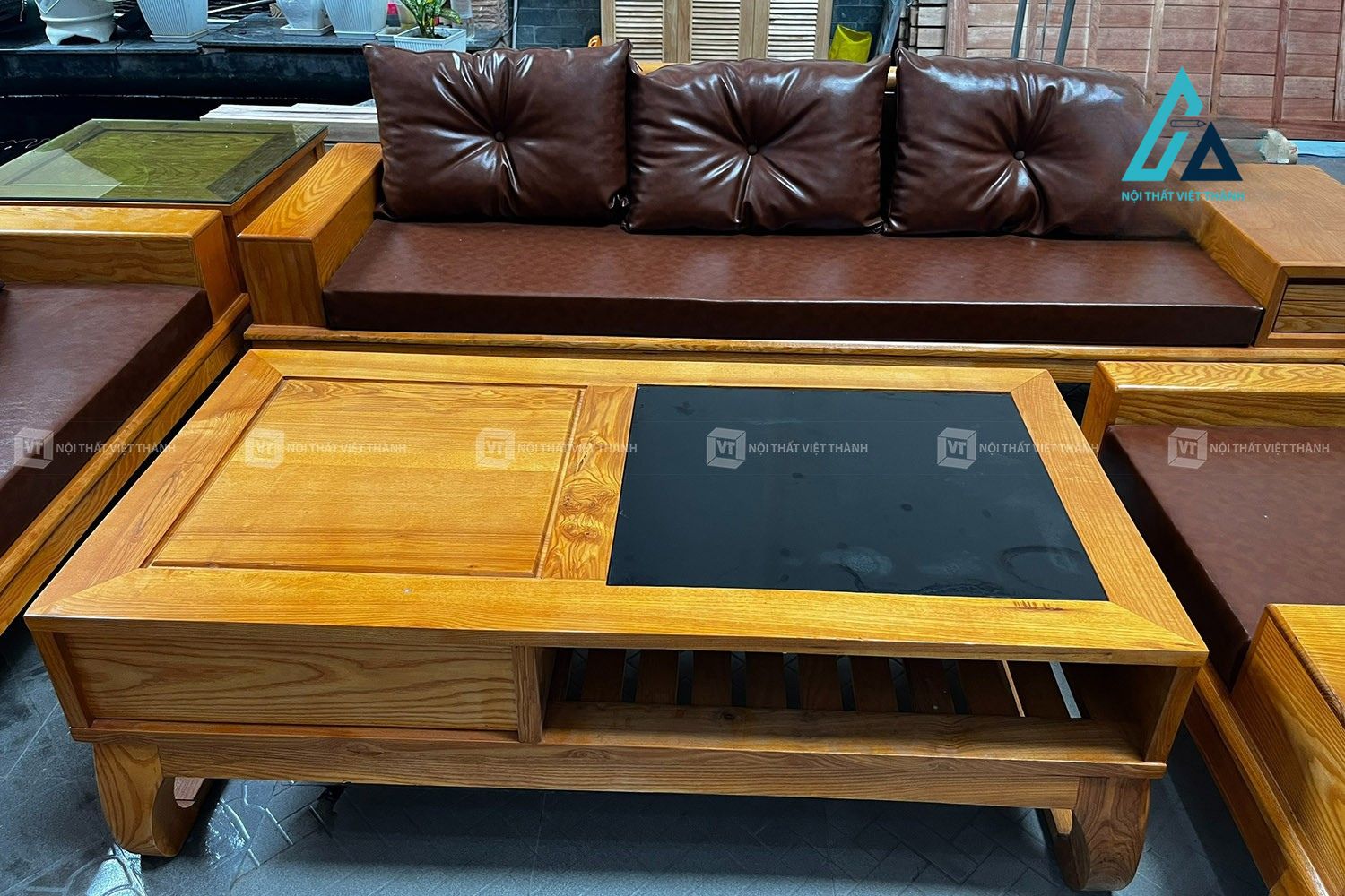 Sofa gỗ sồi tự nhiên bọc da cao cấp sang trọng 2