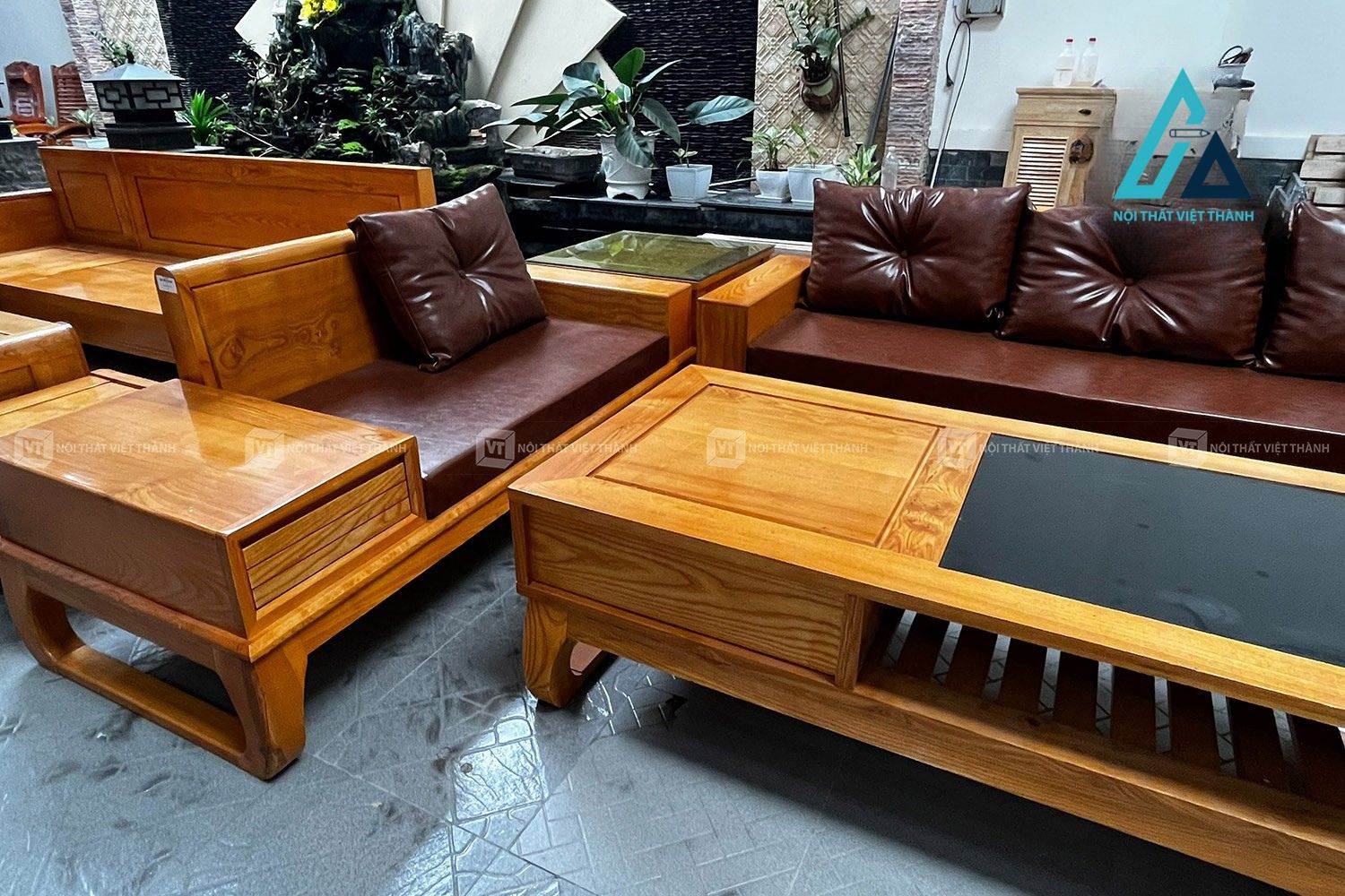 Sofa gỗ sồi tự nhiên bọc da cao cấp sang trọng 3