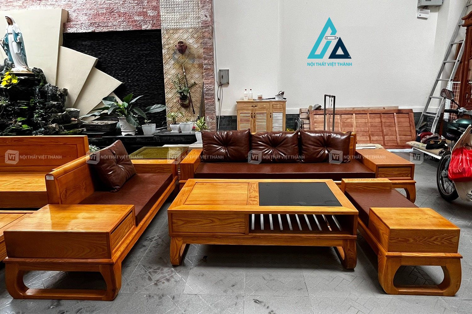 Sofa gỗ sồi tự nhiên bọc da cao cấp sang trọng