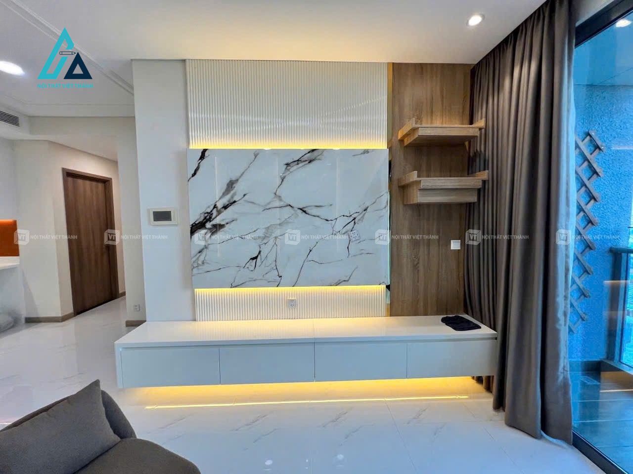 Thiết kế nội thất phòng khách gỗ công nghiệp