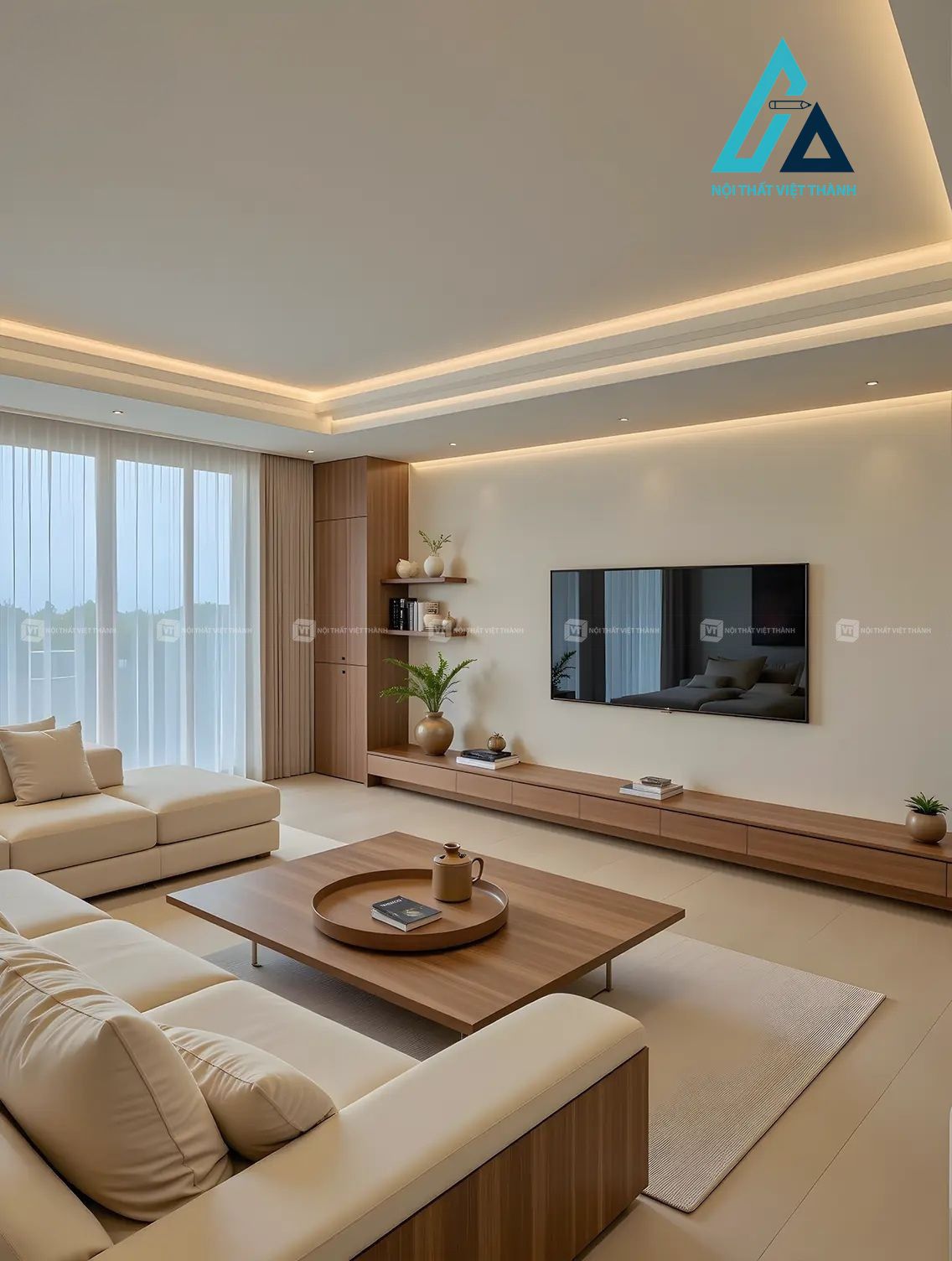 Thiết kế nội thất phòng khách hiện đại tone be nội thất gỗ tối giản đèn LED hắt trần