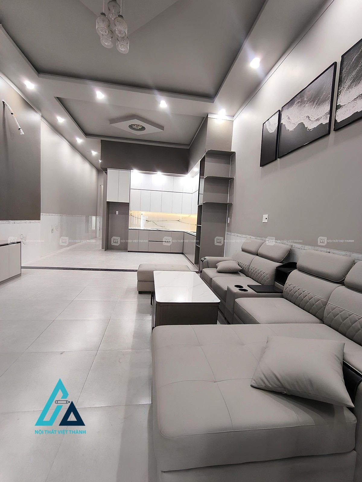 Thiết kế nội thất phòng khách tone màu xám