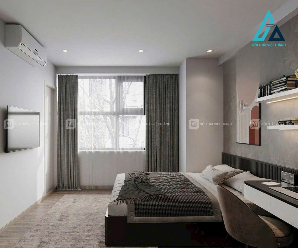 Thiết kế thi công combo nội thất phòng ngủ diện tích nhỏ tone xám trắng