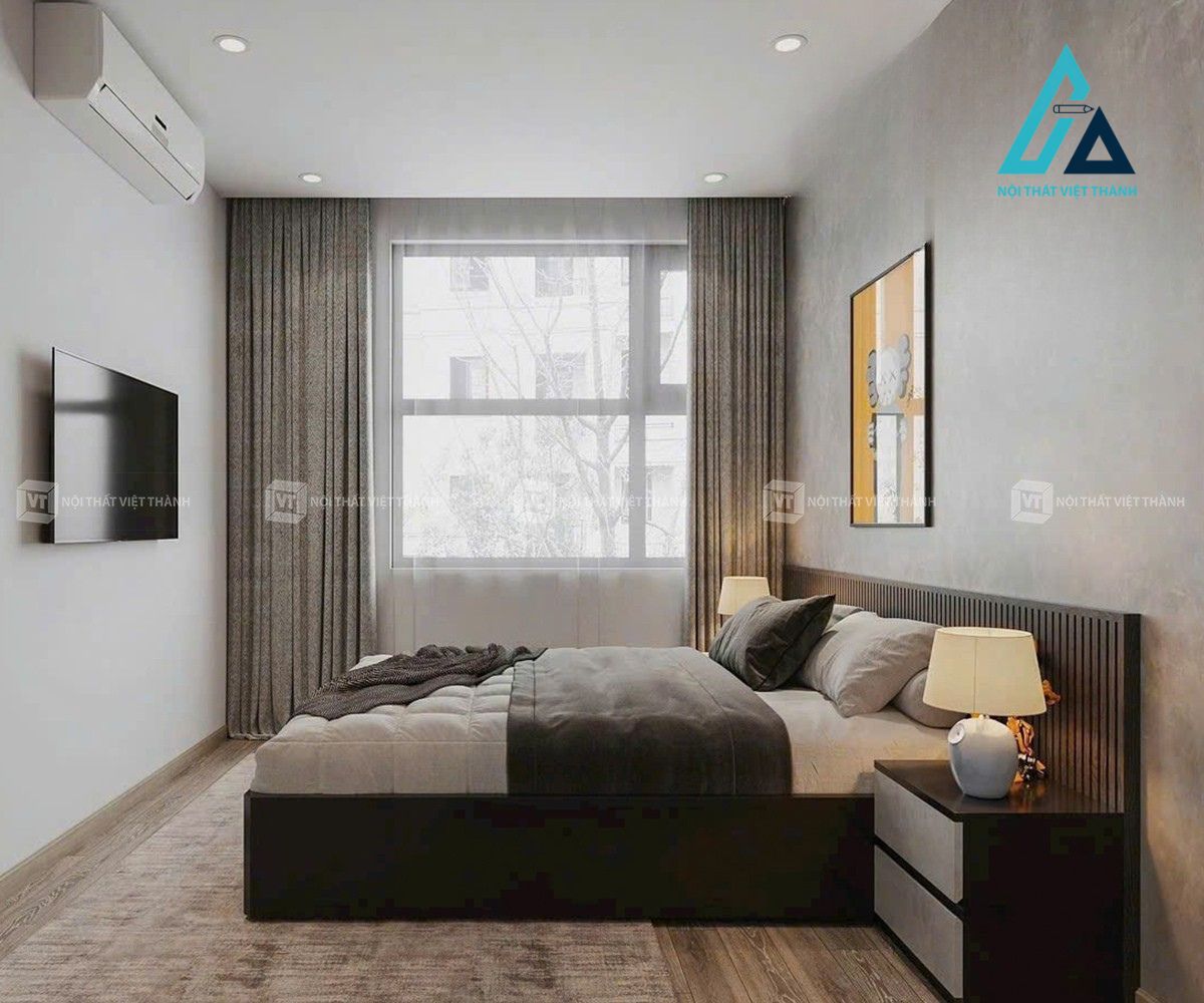 Thiết kế thi công combo nội thất phòng ngủ gồm giường ngủ và tủ đầu giường cho diện tích nhỏ