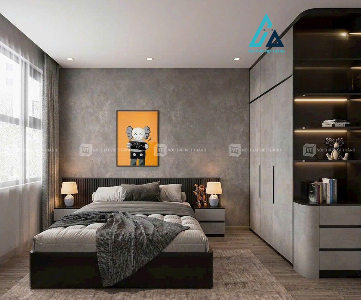 Thiết kế thi công combo nội thất phòng ngủ gồm giường ngủ và tủ đầu giường tone xám