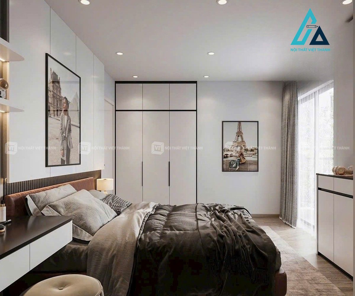 Thiết kế thi công combo nội thất phòng ngủ gồm giường ngủ và tủ quần áo âm tường