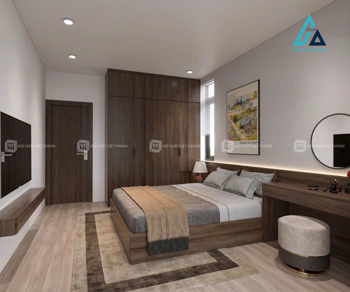 Thiết kế thi công combo nội thất phòng ngủ gồm giường ngủ, tủ quần áo và bàn trang điểm