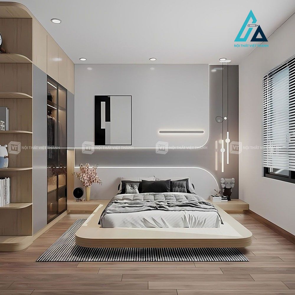 Thiết kế thi công combo nội thất phòng ngủ gồm giường ngủ và tủ quần áo cánh kính phong cách hiện đại
