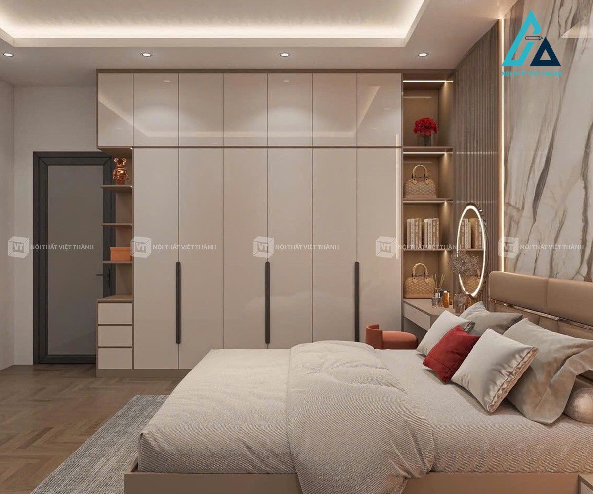 Thiết kế thi công combo nội thất phòng ngủ gồm giường ngủ, tủ quần áo và bàn trang điểm