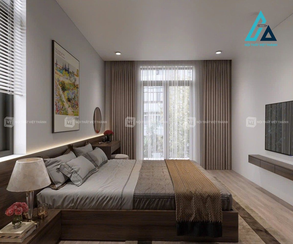Thiết kế thi công combo nội thất phòng ngủ gỗ công nghiệp màu vân gỗ hiện đại