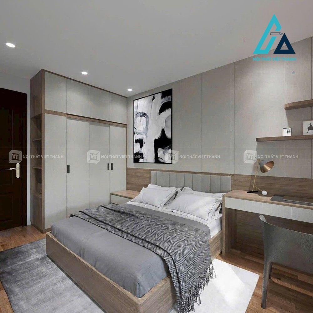 Thiết kế thi công combo nội thất phòng ngủ gỗ công nghiệp MDF vân gỗ kết hợp màu trắng hiện đại