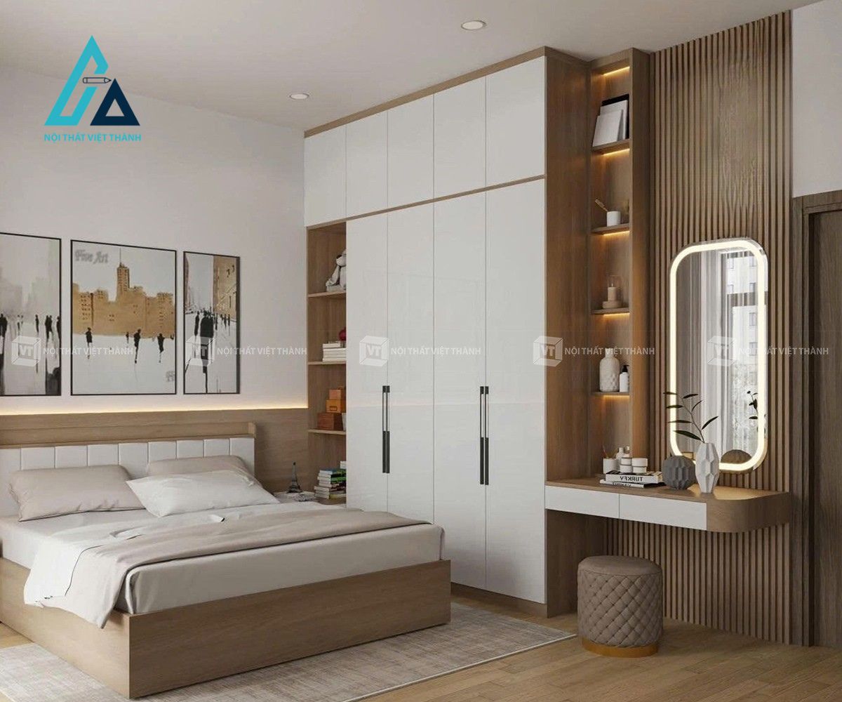 Thiết kế thi công combo nội thất phòng ngủ màu trắng phối vân gỗ phong cách hiện đại