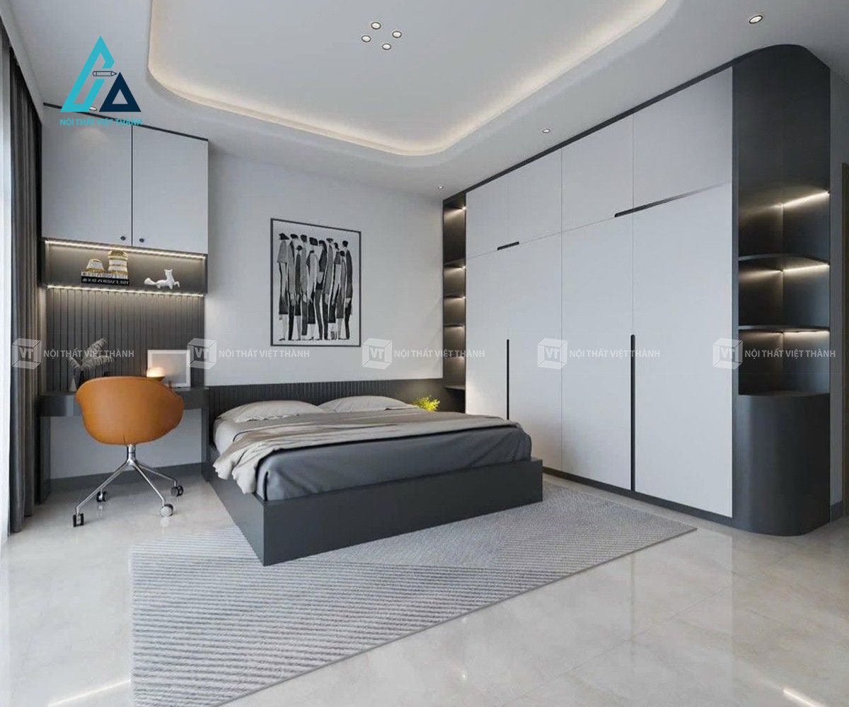 Thiết kế thi công combo nội thất phòng ngủ màu trắng phối xám hiện đại