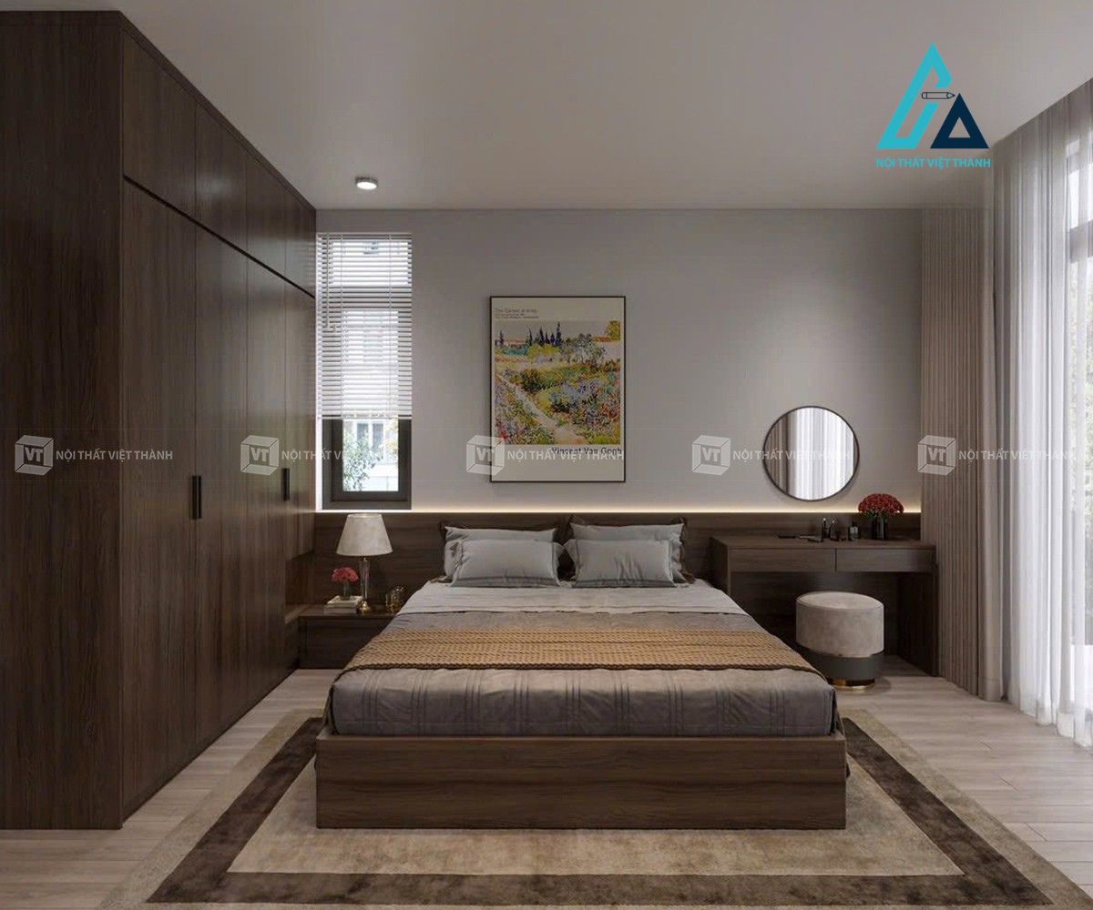 Thiết kế thi công combo nội thất phòng ngủ màu vân gỗ sang trọng