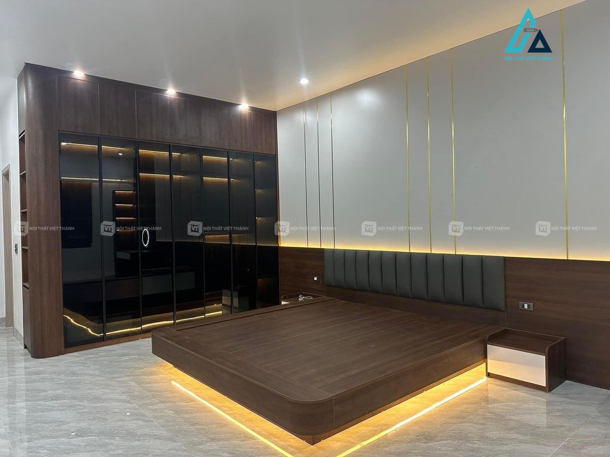 Thiết kế thi công combo nội thất phòng ngủ nhà phố tủ quần áo cánh kính sang trọng