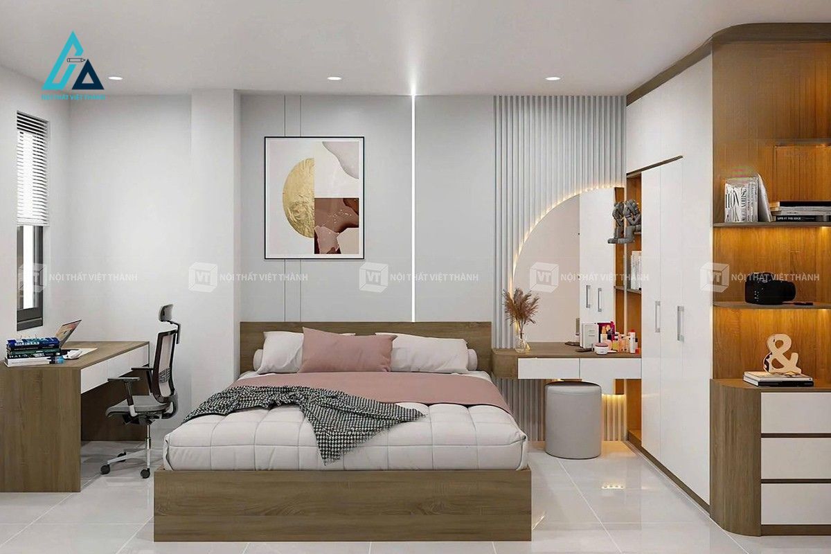 Thiết kế thi công combo nội thất phòng ngủ tone trắng sáng sủa hiện đại