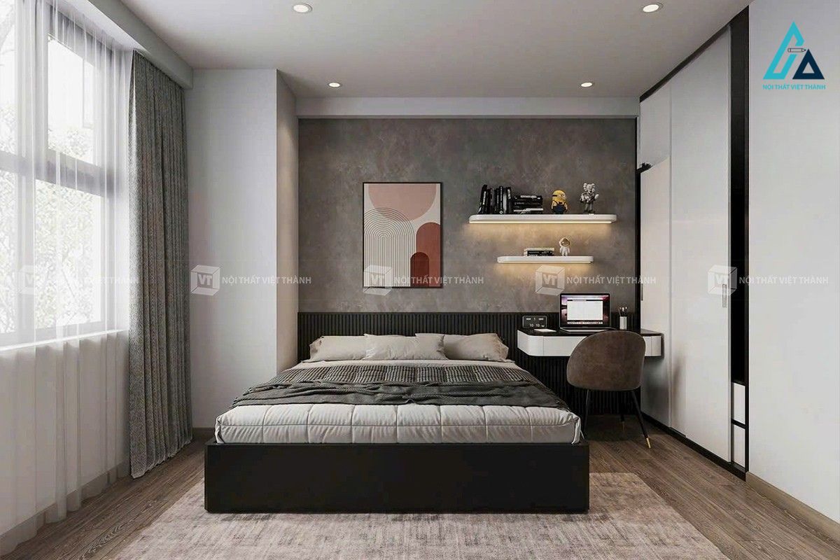 Thiết kế thi công combo nội thất phòng ngủ tone xám trắng hiện đại