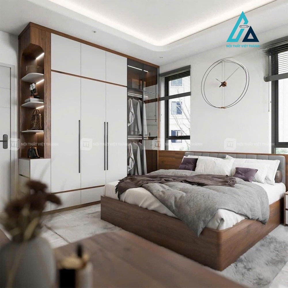 Thiết kế thi công combo nội thất phòng ngủ với tủ quần áo cánh kính màu trắng phối gỗ hiện đại