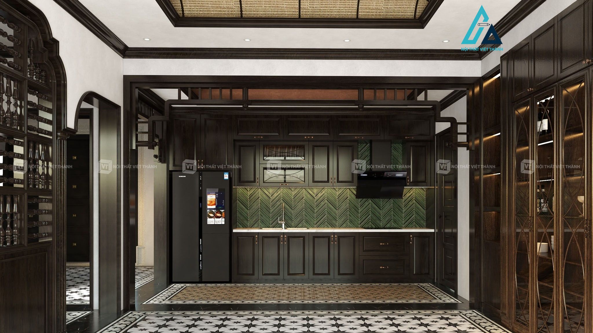 Thiết kế thi công nội thất nhà bếp biệt thự bằng gỗ phong cách cổ điển