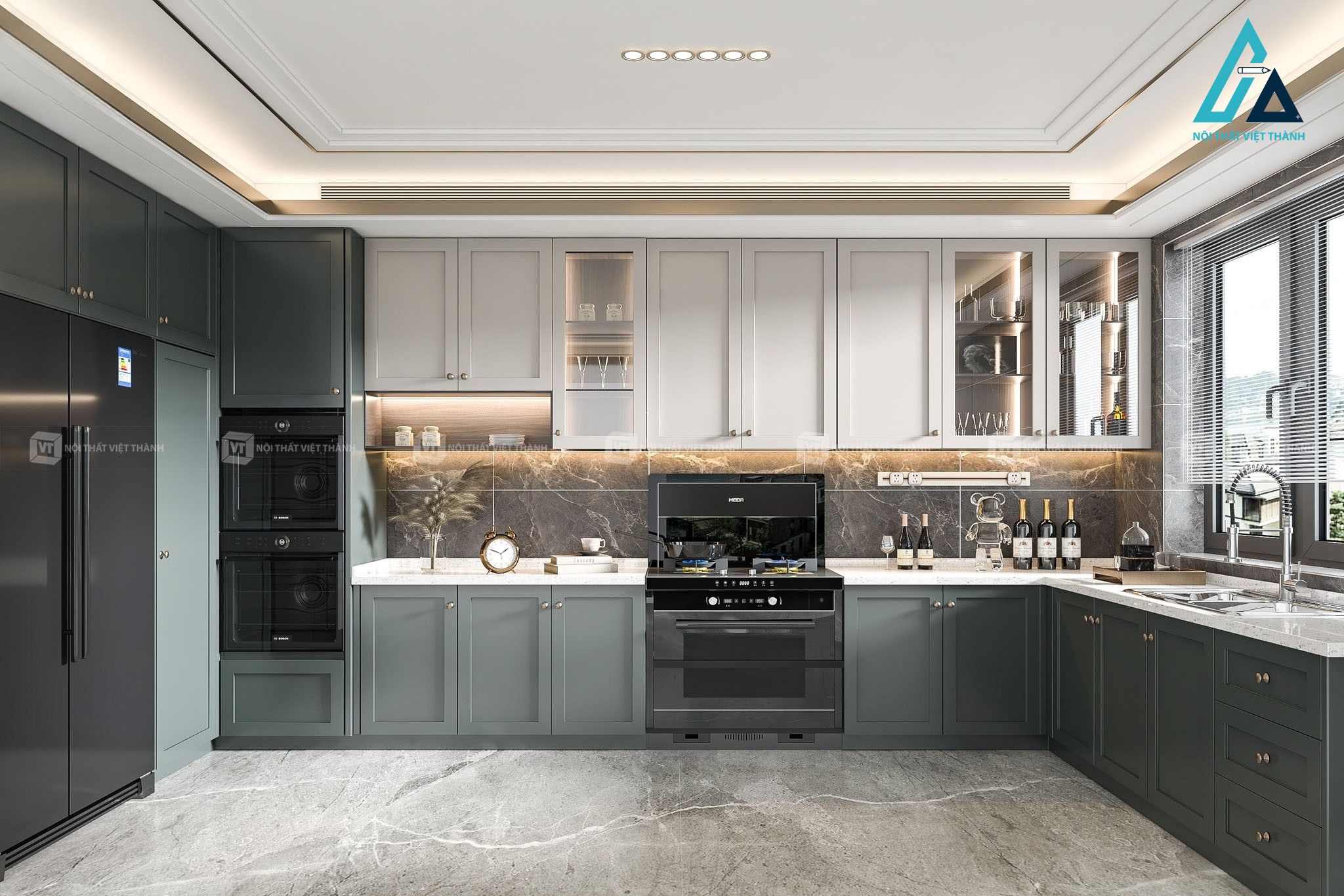 Thiết kế thi công nội thất nhà bếp biệt thự xanh phối trắng, phù hợp với sở thích gia chủ