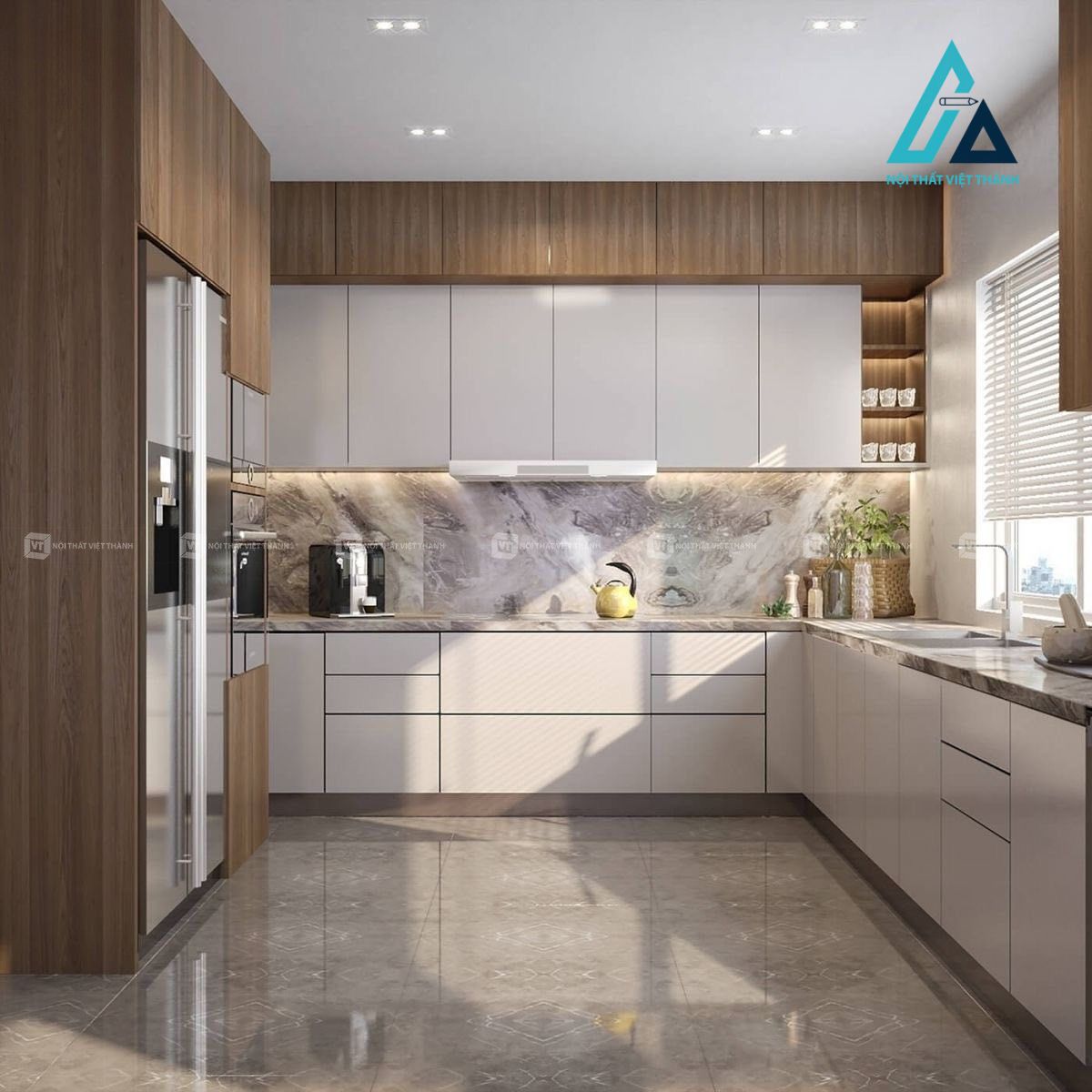 Thiết kế thi công nội thất nhà bếp chung cư căn hộ màu trắng phối vân gỗ