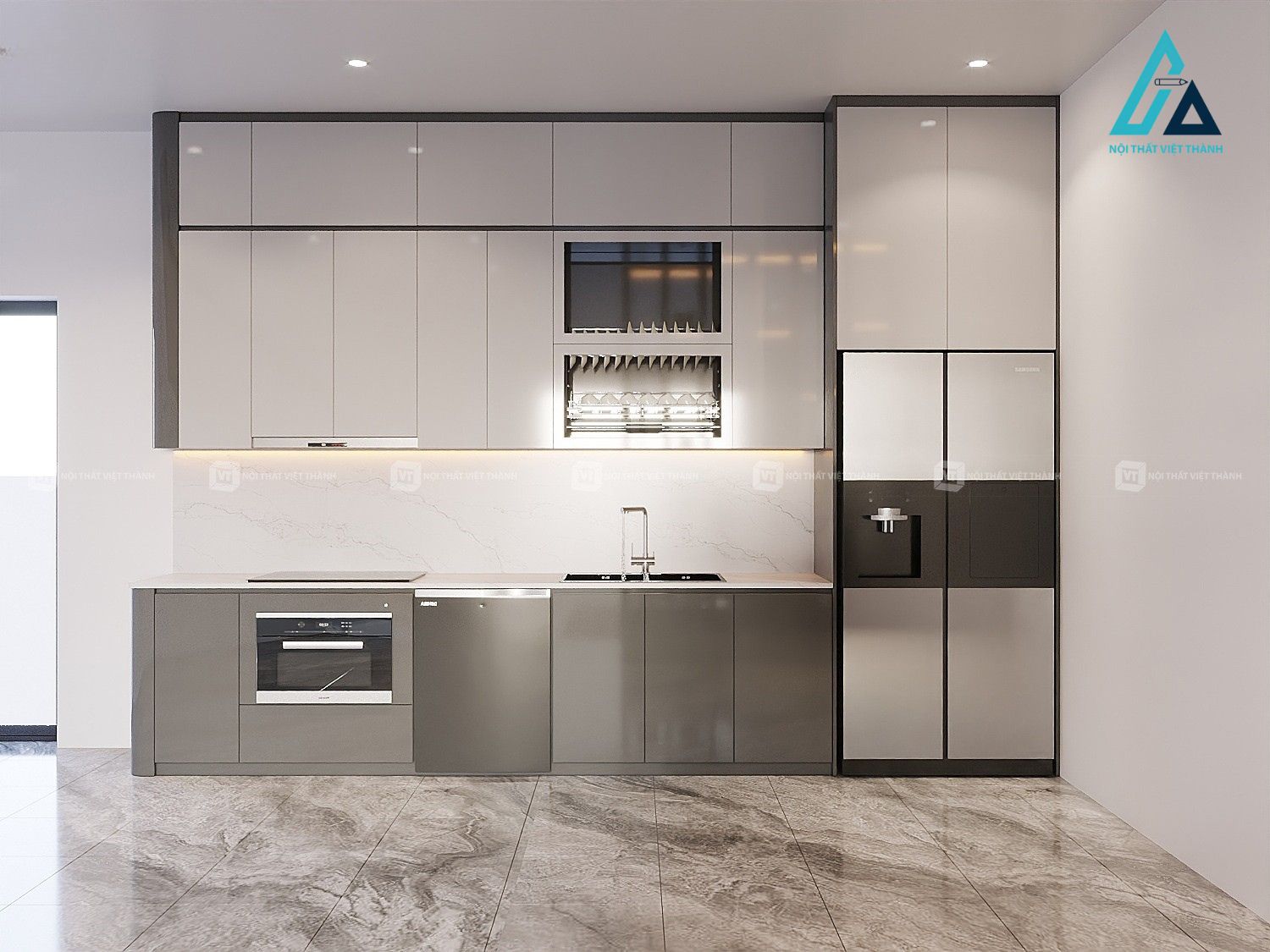 Thiết kế thi công nội thất nhà bếp chung cư căn hộ tủ bếp chữ I màu xám