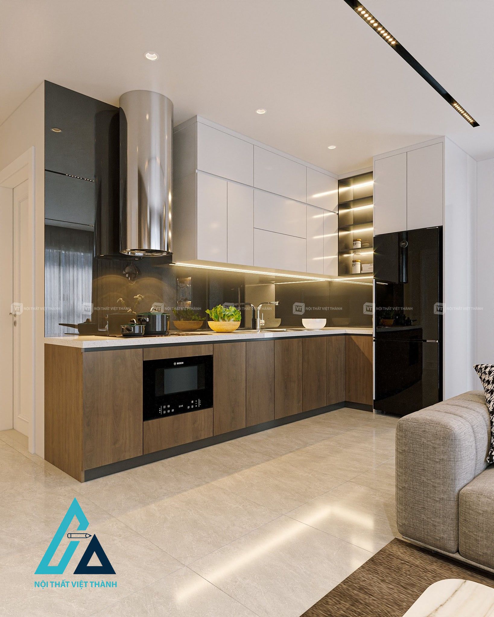 Thiết kế thi công nội thất nhà bếp chung cư căn hộ tủ bếp chữ L hiện đại