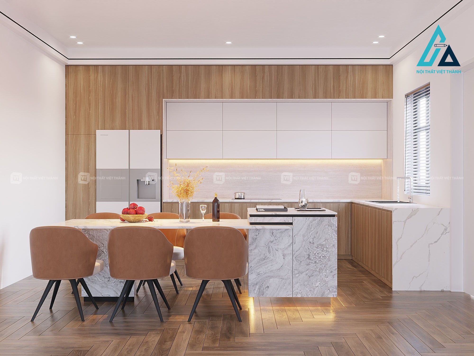 Thiết kế thi công nội thất nhà bếp chung cư căn hộ tủ bếp gỗ công nghiệp có bàn đảo bếp