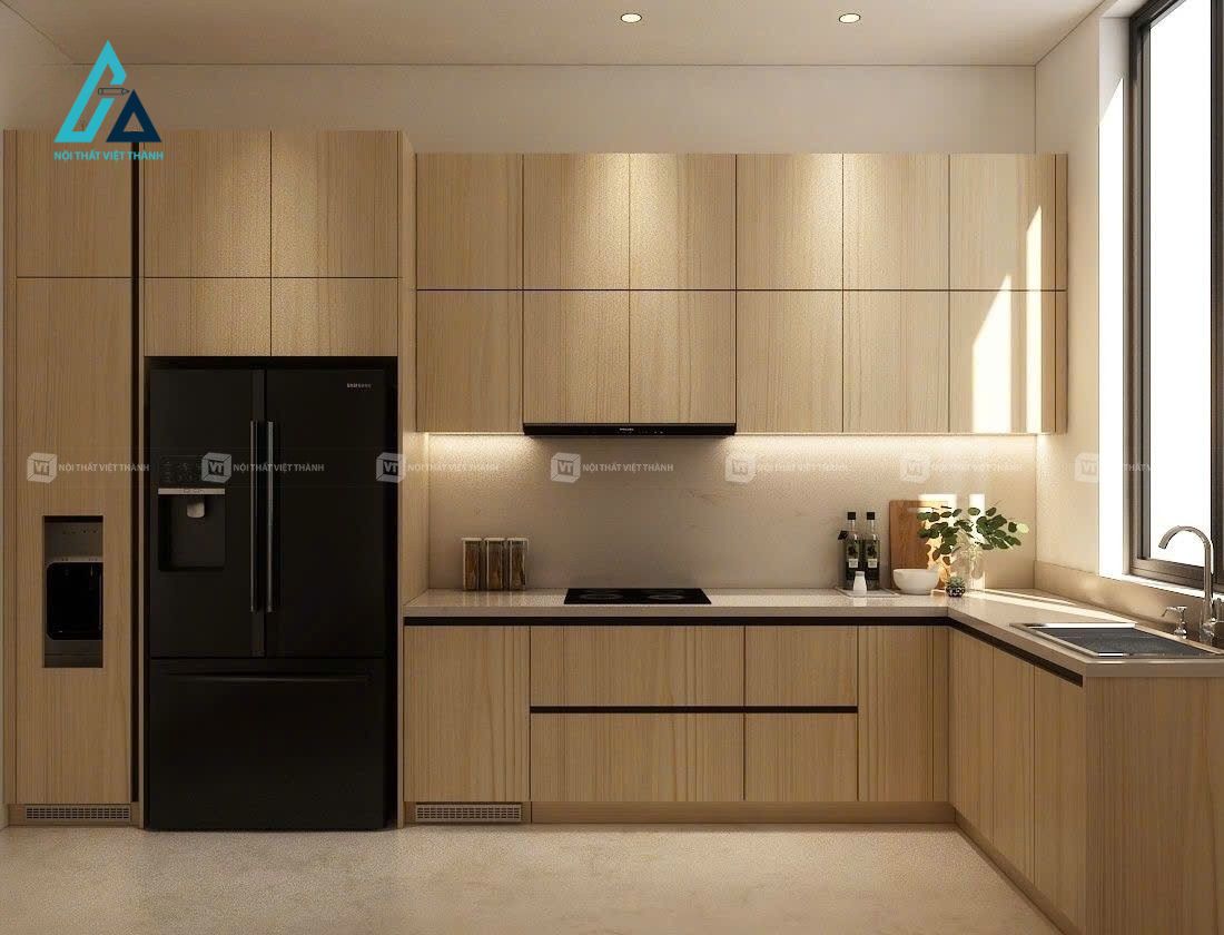 Thiết kế thi công nội thất nhà bếp gỗ công nghiệp phủ melamine vân gỗ