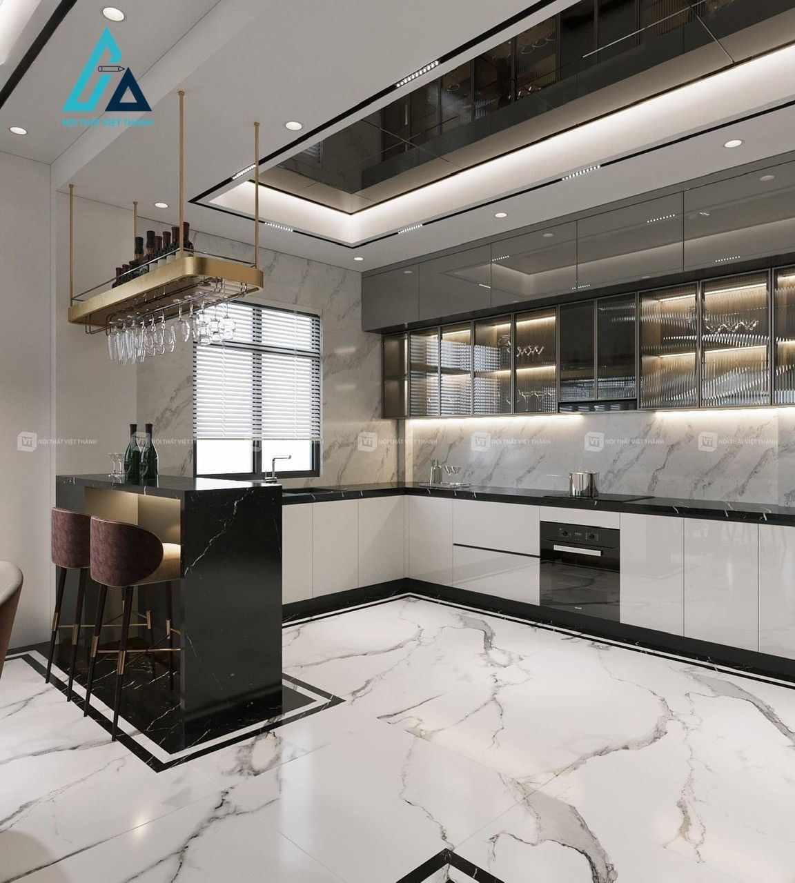 Thi công tủ bếp acrylic cánh kính trắng xám sang trọng