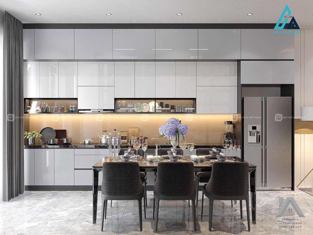 Thiết kế thi công nội thất nhà bếp tủ bếp acrylic màu trắng hiện đại