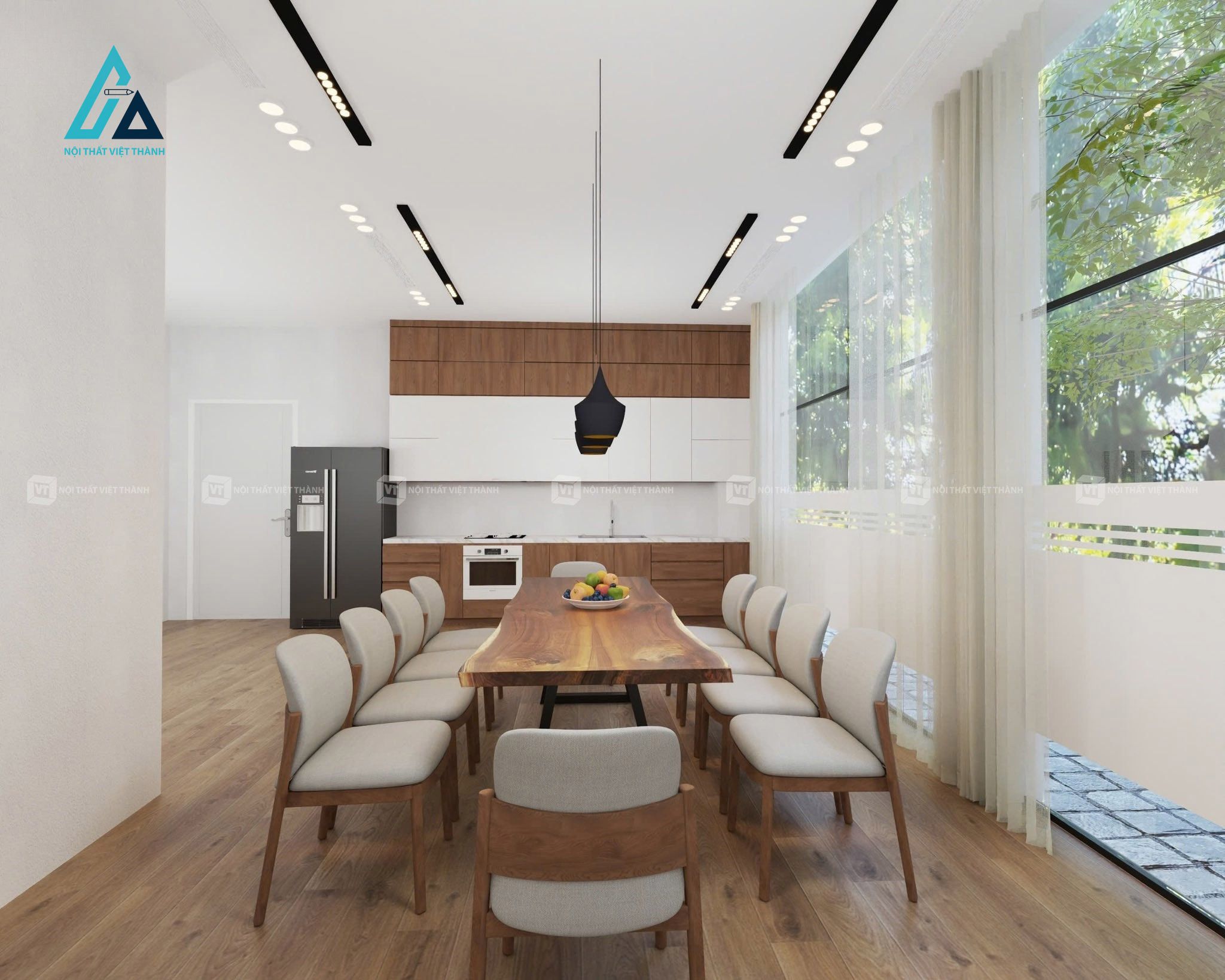 Thiết kế thi công nội thất nhà bếp tủ bếp gỗ màu trắng phối vân gỗ