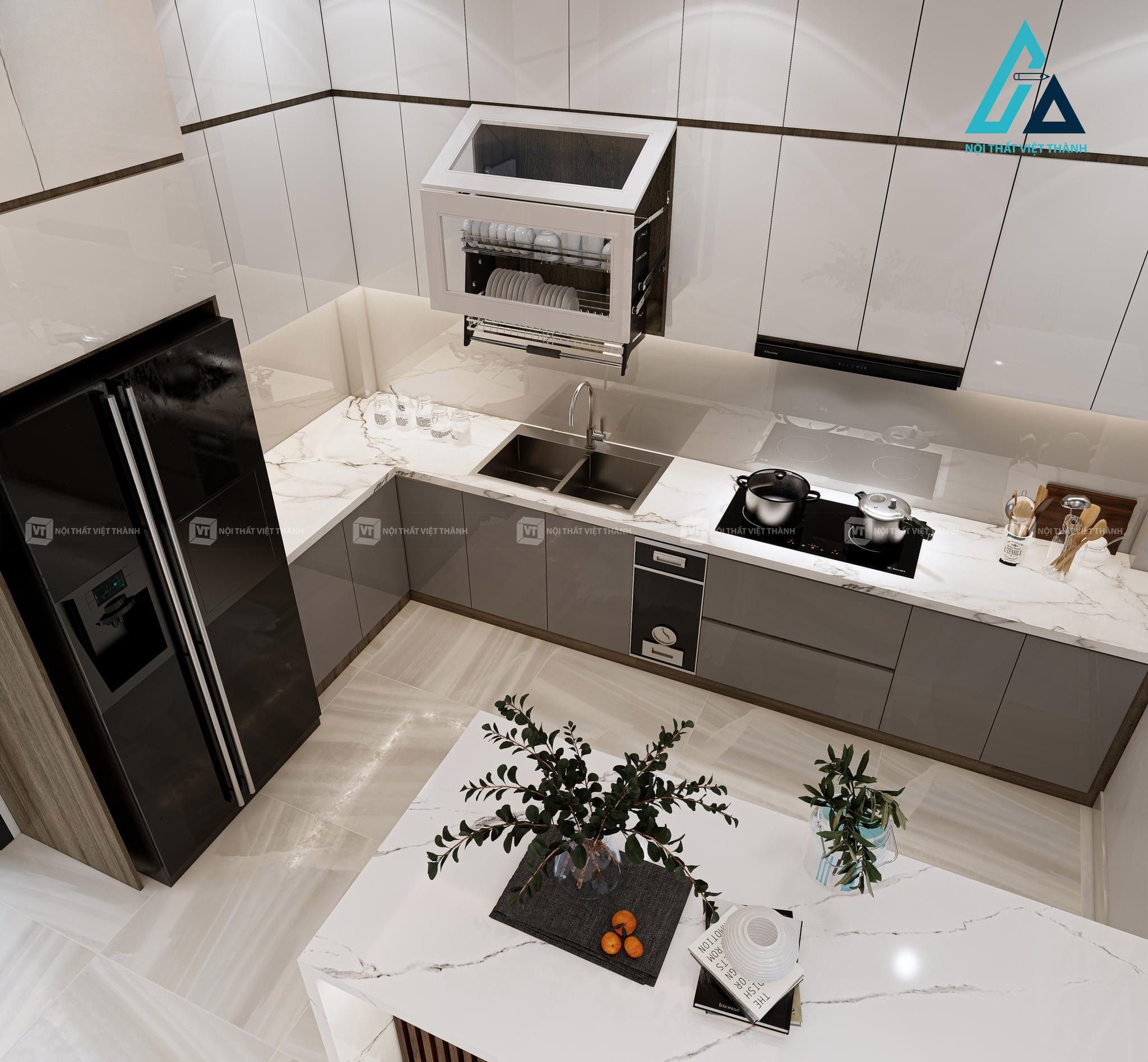 Thiết kế thi công nội thất nhà bếp tủ bếp trên dưới gỗ công nghiệp màu trắng xám