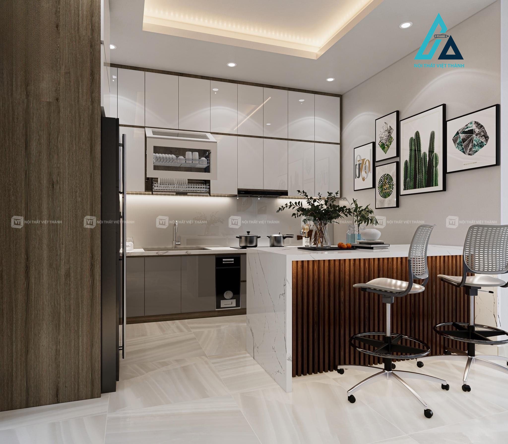 Thiết kế thi công nội thất nhà bếp tủ bếp trên dưới gỗ công nghiệp màu trắng xám có đảo bếp
