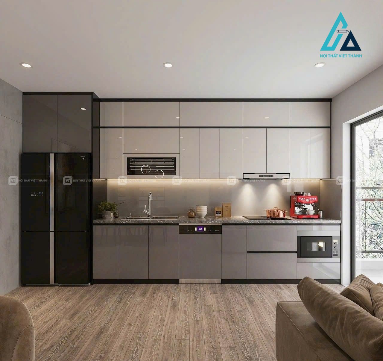 Thiết kế thi công nội thất nhà bếp tủ bếp trên dưới màu xám trắng sang trọng