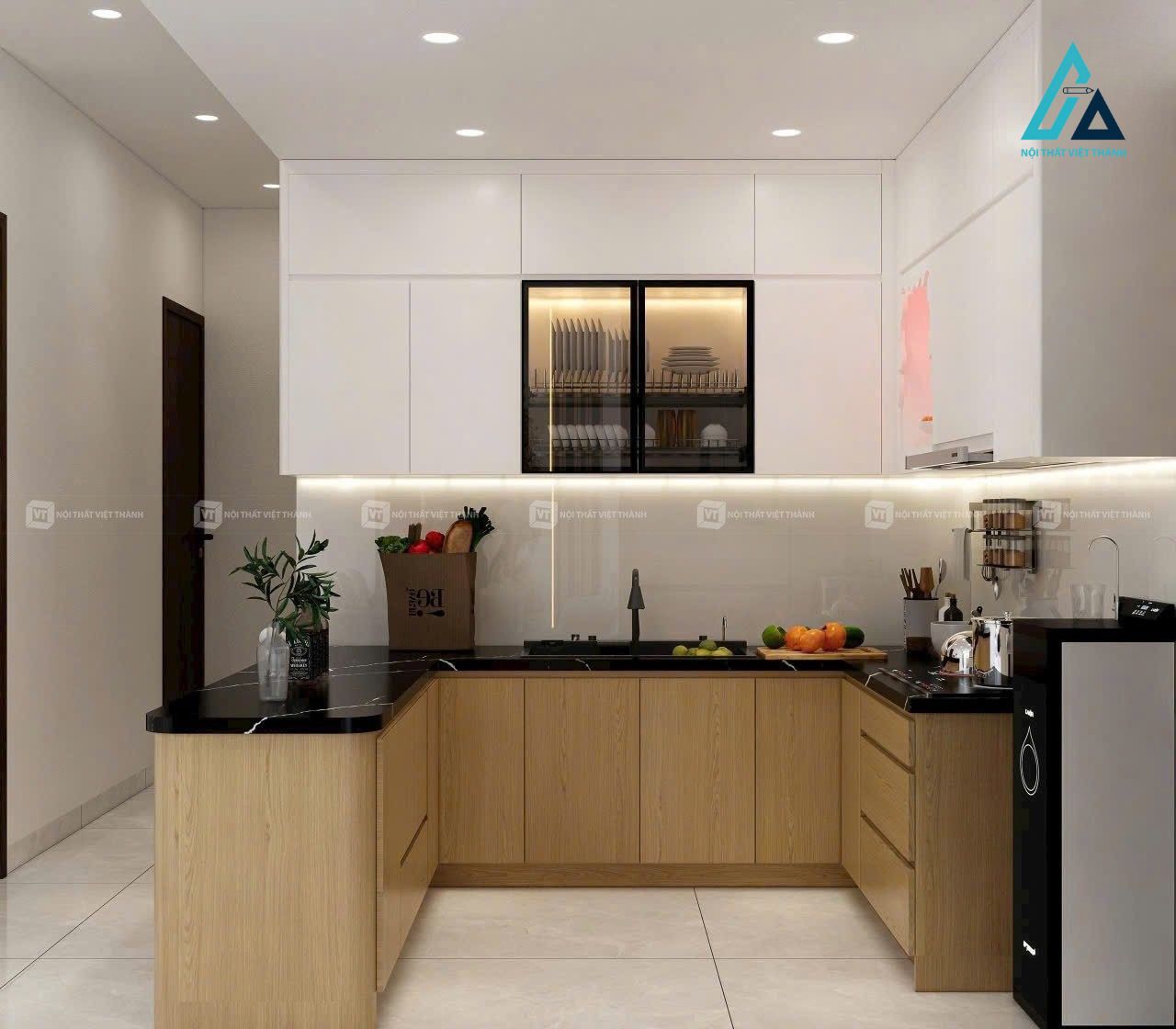 Thiết kế thi công nội thất nhà bếp tủ bếp vân gỗ phối trắng