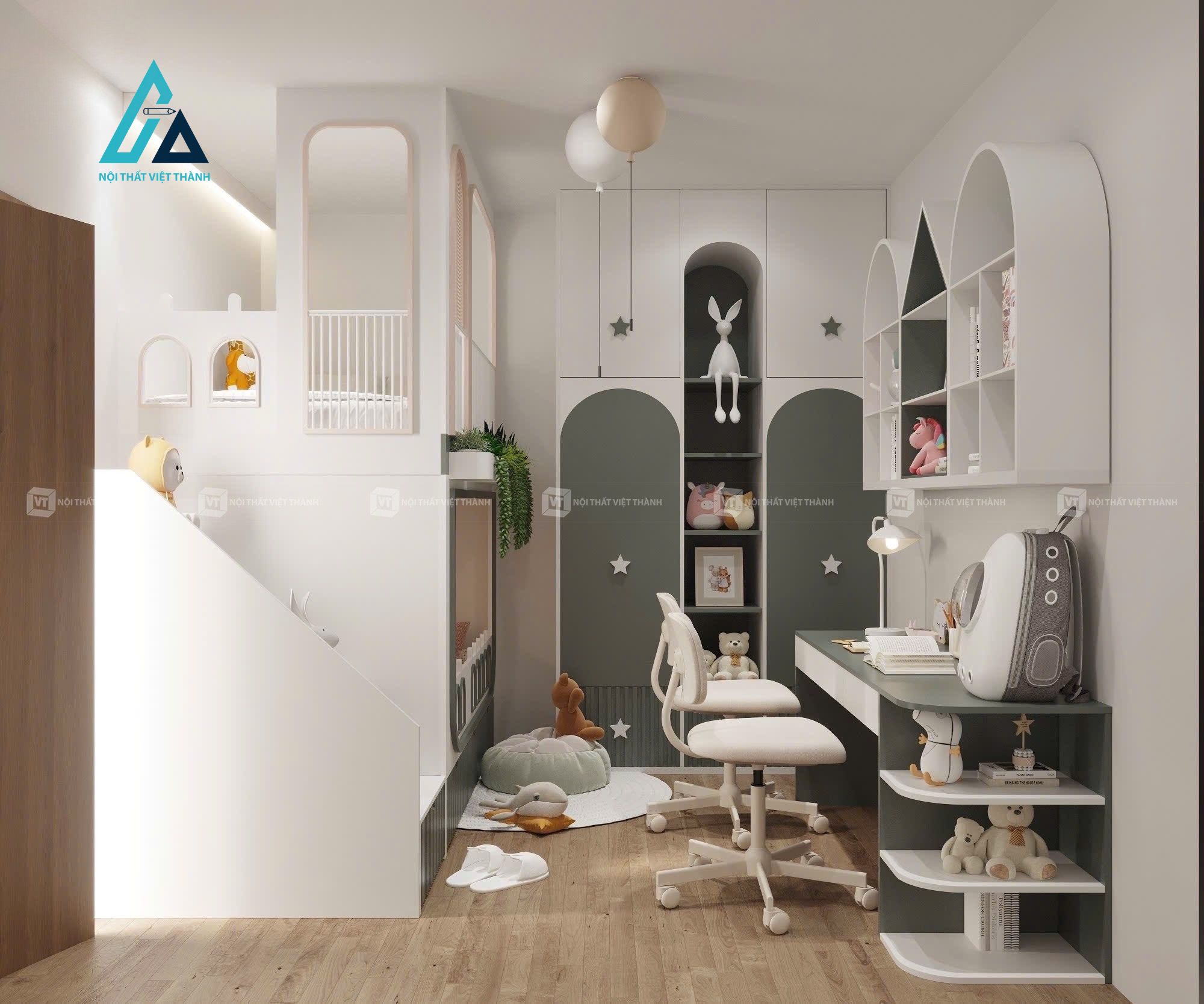 Thiết kế thi công nội thất phòng trẻ em tone xanh trắng