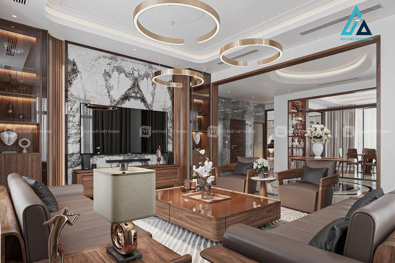Thiết kế thi công nội thất phòng khách biệt thự gỗ sang trọng