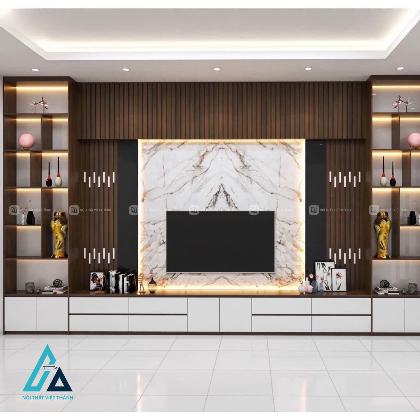 Thiết kế thi công nội thất phòng khách kệ tivi gỗ MDF màu trắng