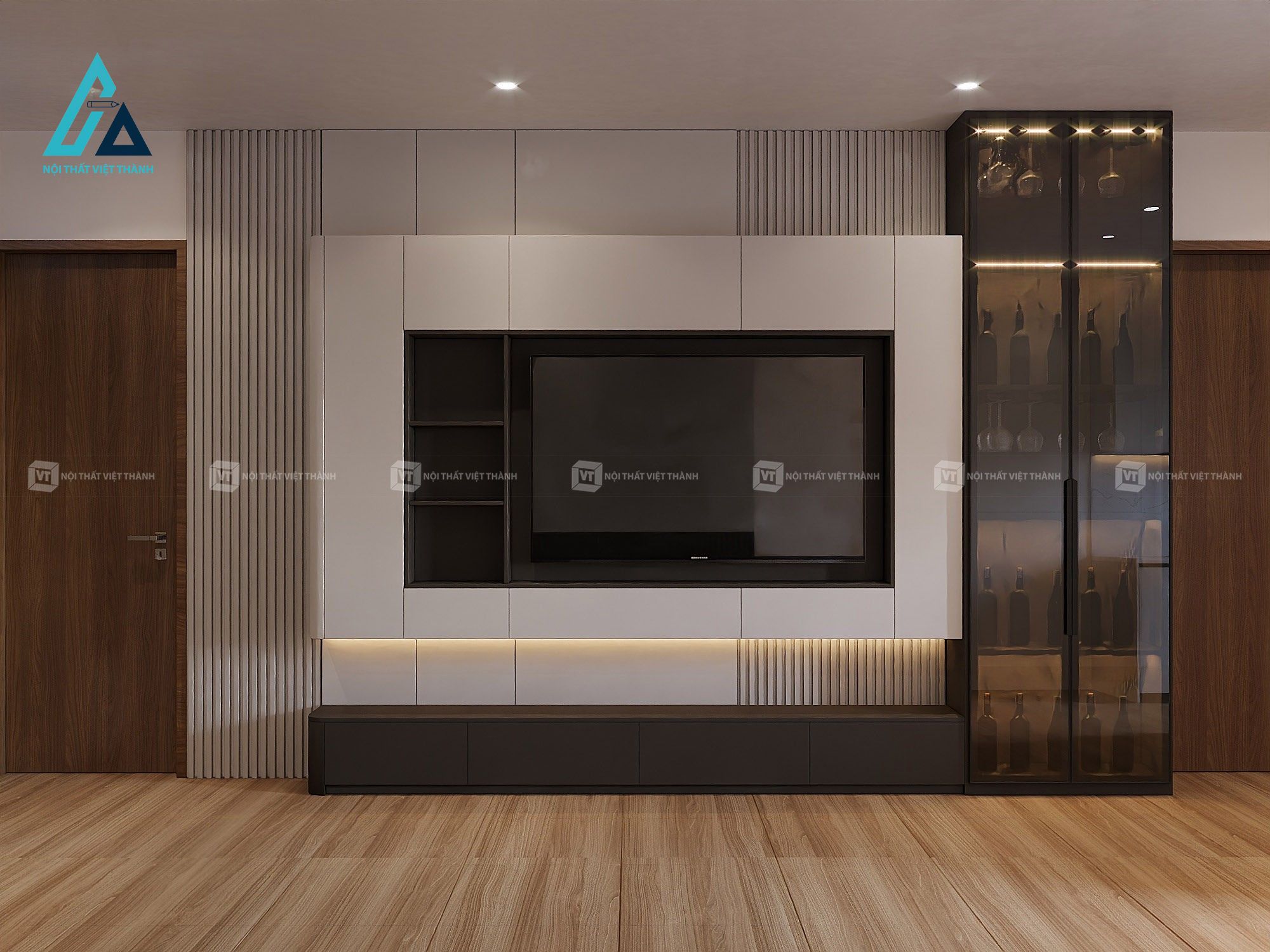 Thiết kế thi công nội thất phòng khách kệ tivi tủ rượu gỗ công nghiệp