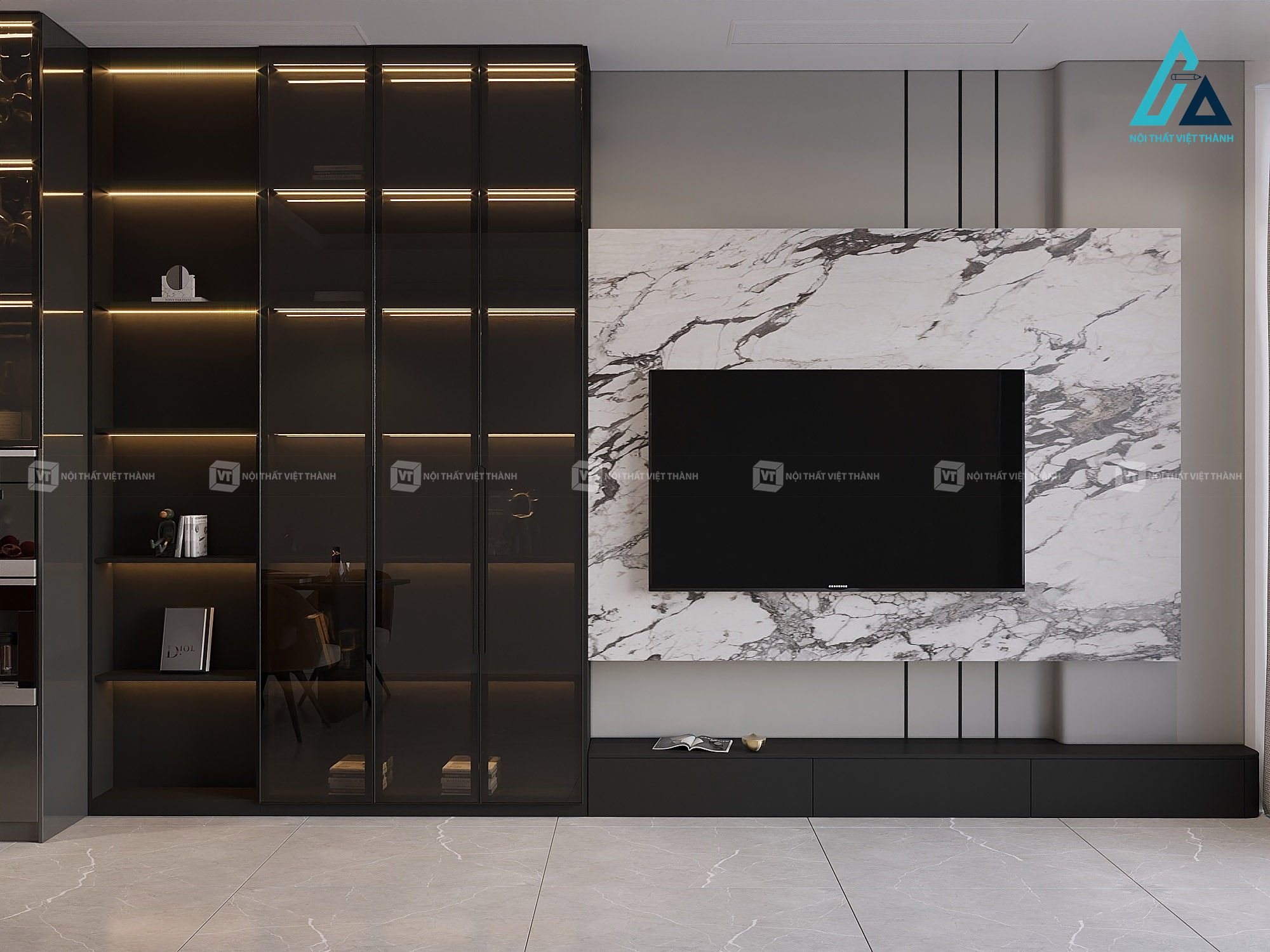 Thiết kế thi công nội thất phòng khách tủ cánh kính sang trọng