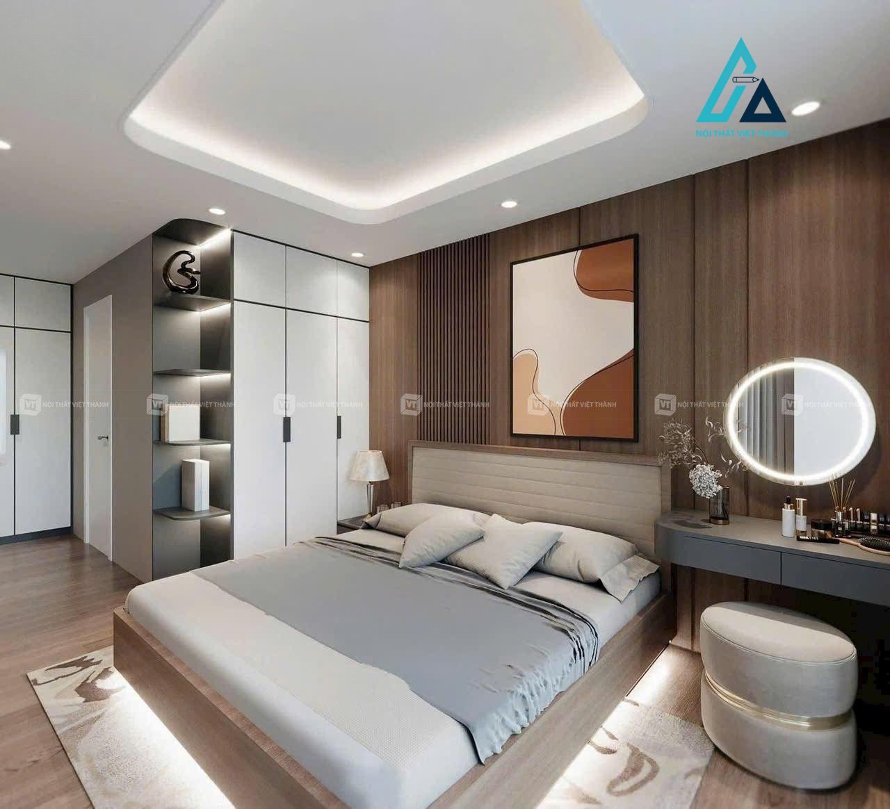 Thiết kế thi công nội thất phòng ngủ biệt thự với giường tủ bàn trang điểm hiện đại