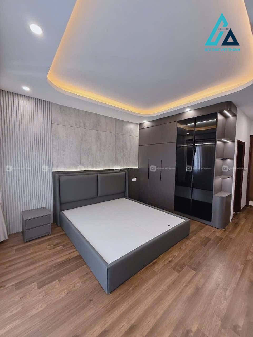 Thiết kế thi công nội thất phòng ngủ biệt thự màu xám trắng