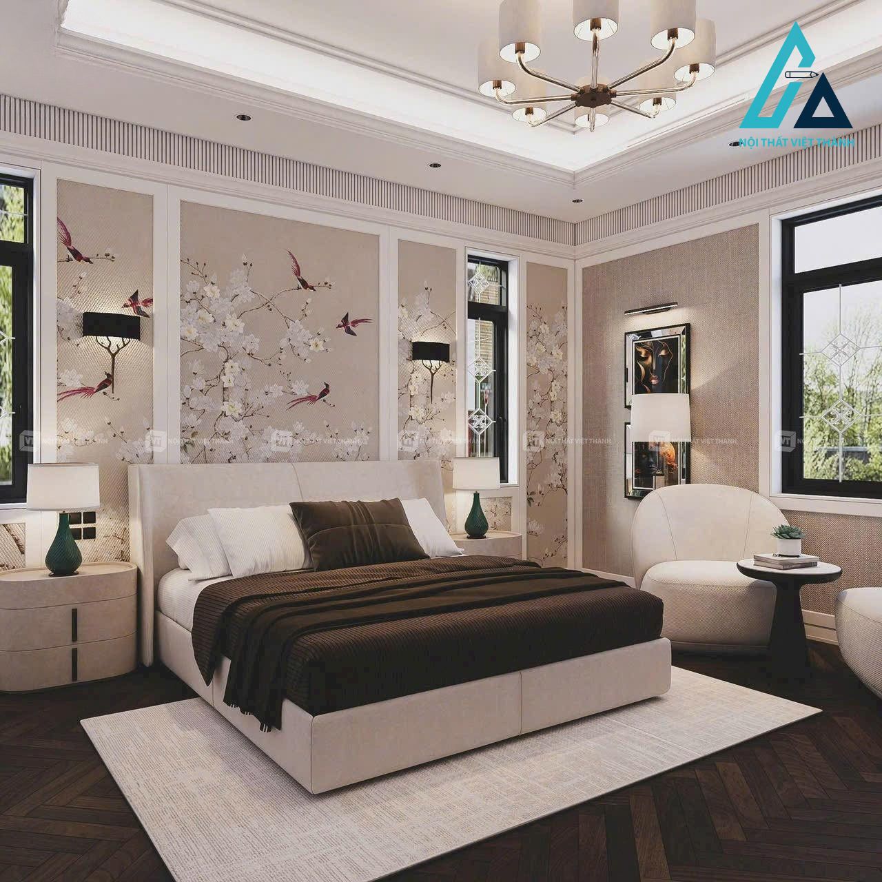 Thiết kế thi công nội thất phòng ngủ biệt thự tone trắng hiện đại