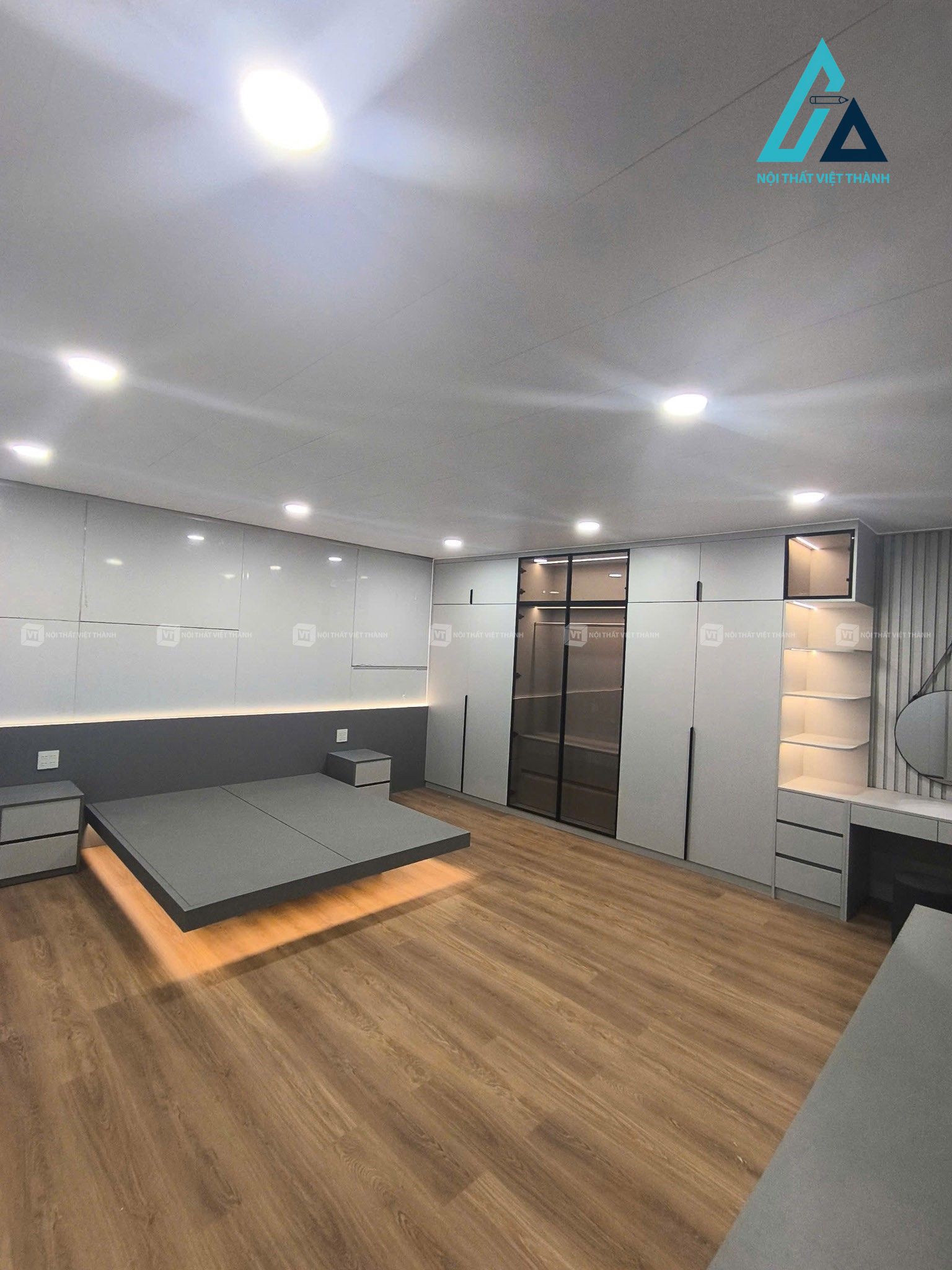 Thiết kế thi công nội thất phòng ngủ biệt thự tone xám trắng sang trọng