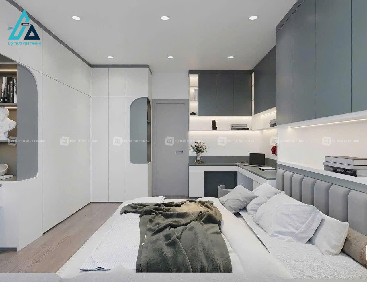 Thiết kế thi công nội thất phòng ngủ chung cư căn hộ đồng bộ màu trắng xám hiện đại