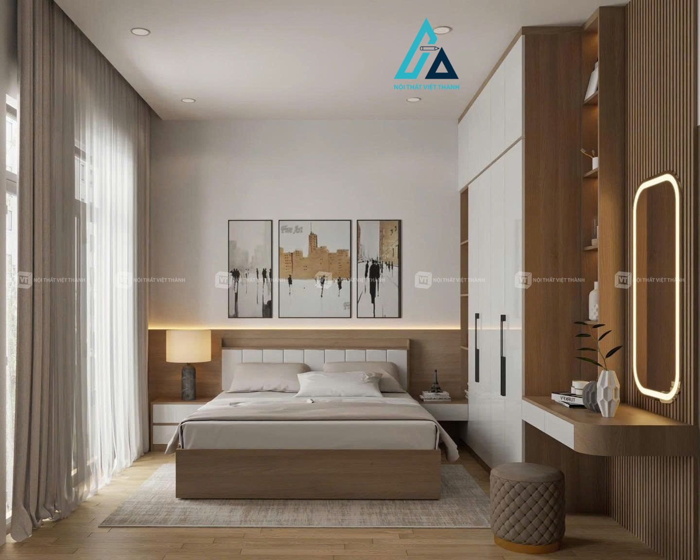 Thiết kế thi công nội thất phòng ngủ chung cư căn hộ giường ngủ tủ quần áo bàn trang điểm tủ đầu giường