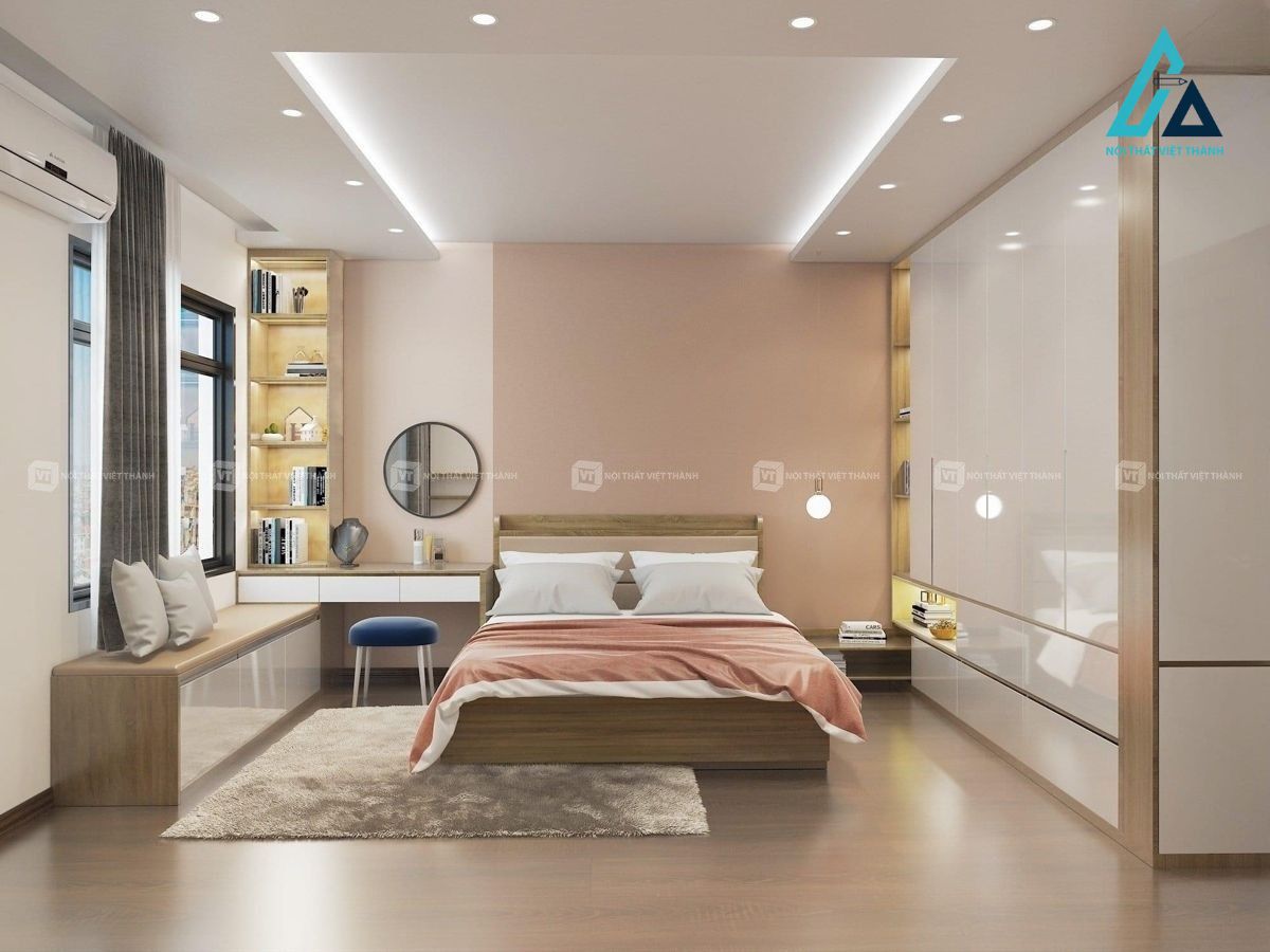 Thiết kế thi công nội thất phòng ngủ chung cư căn hộ sáng màu