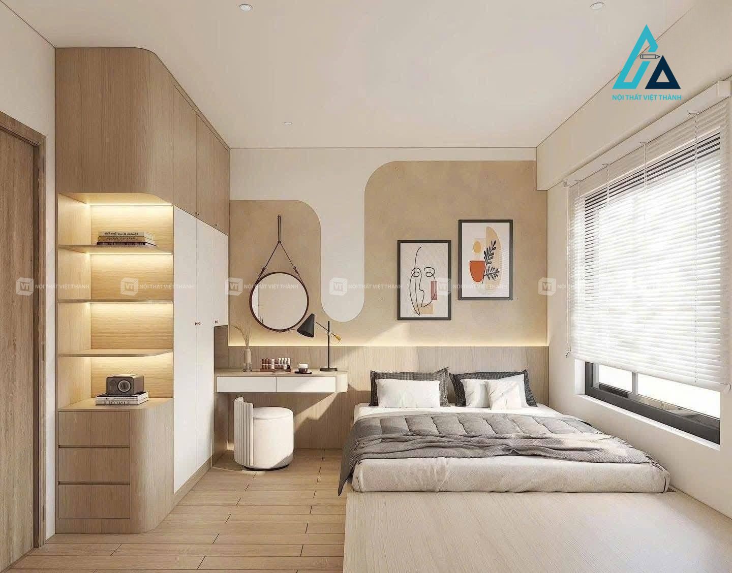 Thiết kế thi công nội thất phòng ngủ chung cư căn hộ tone màu ấm áp hiện đại